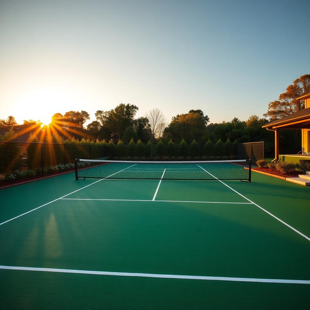 Premium residential backyard badminton court with acrylic cushion surface and regulation striping in Augusta, Georgia