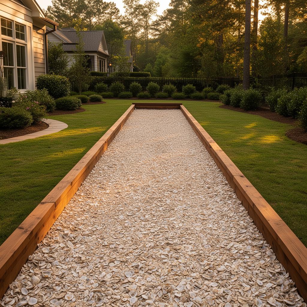 Premium residential backyard bocce court with crushed oyster-shell surface and stained hardwood rails in Augusta, Georgia