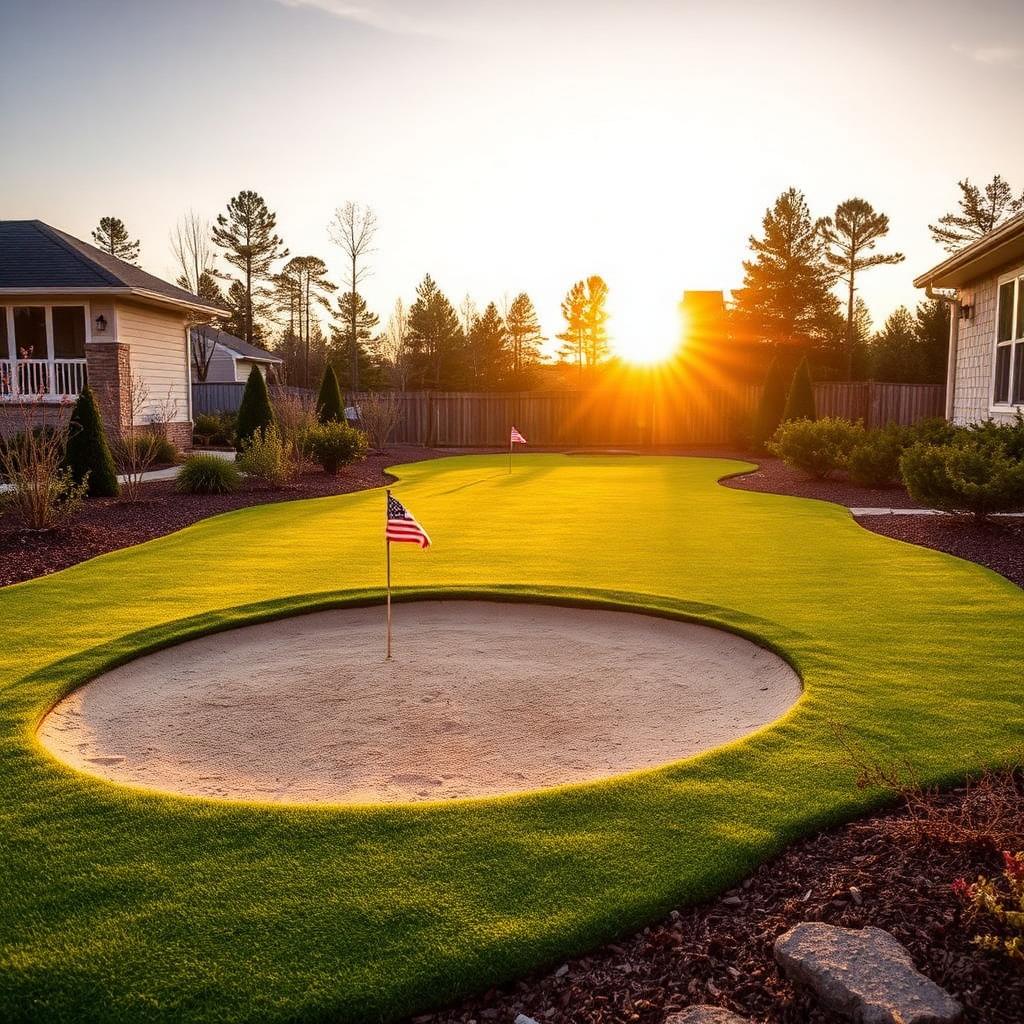 Premium residential backyard chipping green with synthetic turf, target cups, and sand bunker in Augusta, Georgia