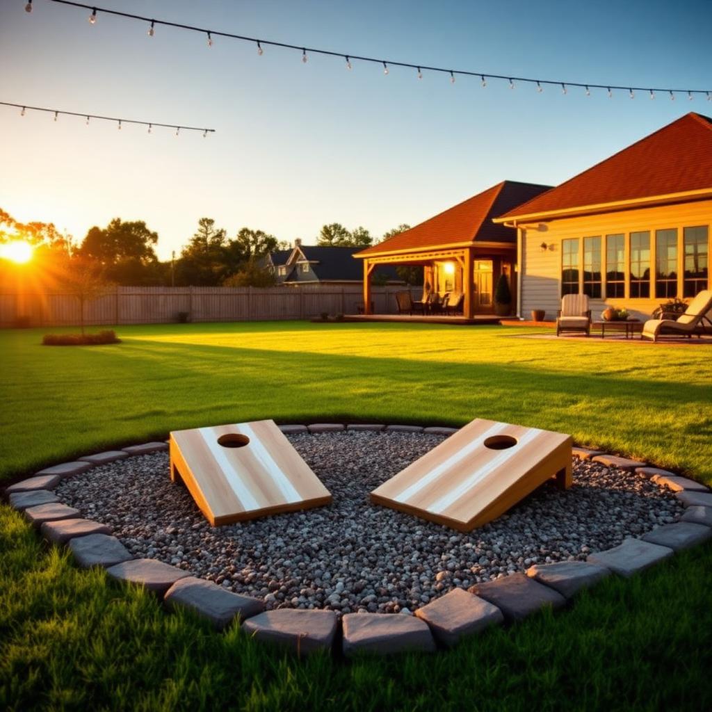 Custom residential backyard cornhole court with regulation pitch, crushed-stone pad, and ACL-spec boards in Augusta, Georgia