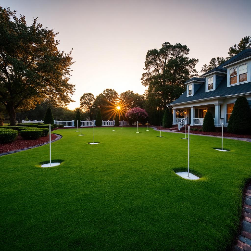Premium residential backyard croquet lawn with precision-graded turf, regulation wickets, and stone border in Augusta, Georgia