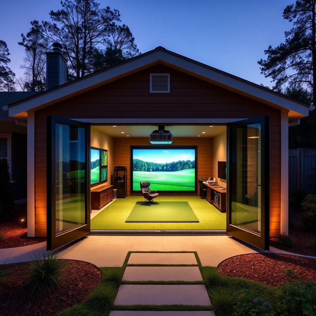 Premium residential backyard golf simulator building with impact screen, hitting bay, and climate control in Augusta, Georgia