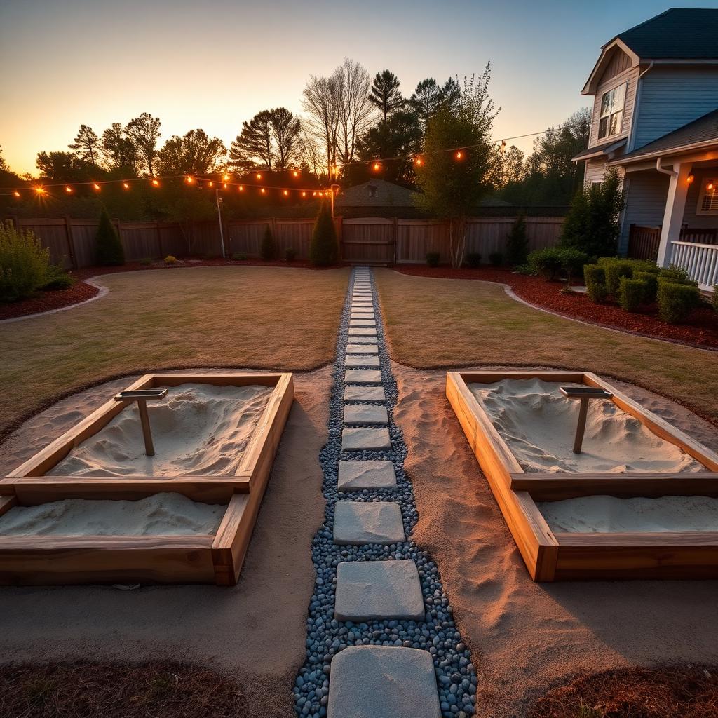 Custom residential backyard horseshoe pit with regulation pitch, sand pits, and hardwood edging in Augusta, Georgia