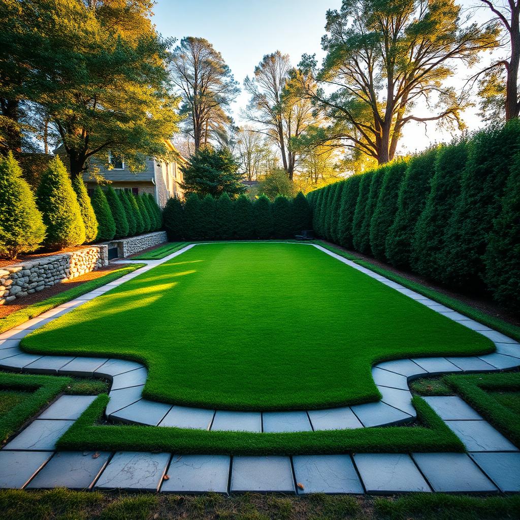 Premium residential backyard lawn bowling green with level championship turf and formal stone border in Augusta, Georgia
