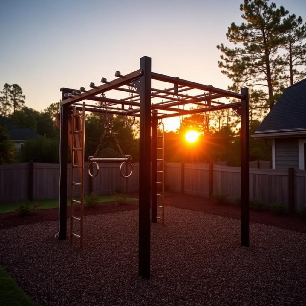 Custom residential backyard ninja warrior obstacle course with steel and timber rig over a rubber mulch base in Augusta, Georgia