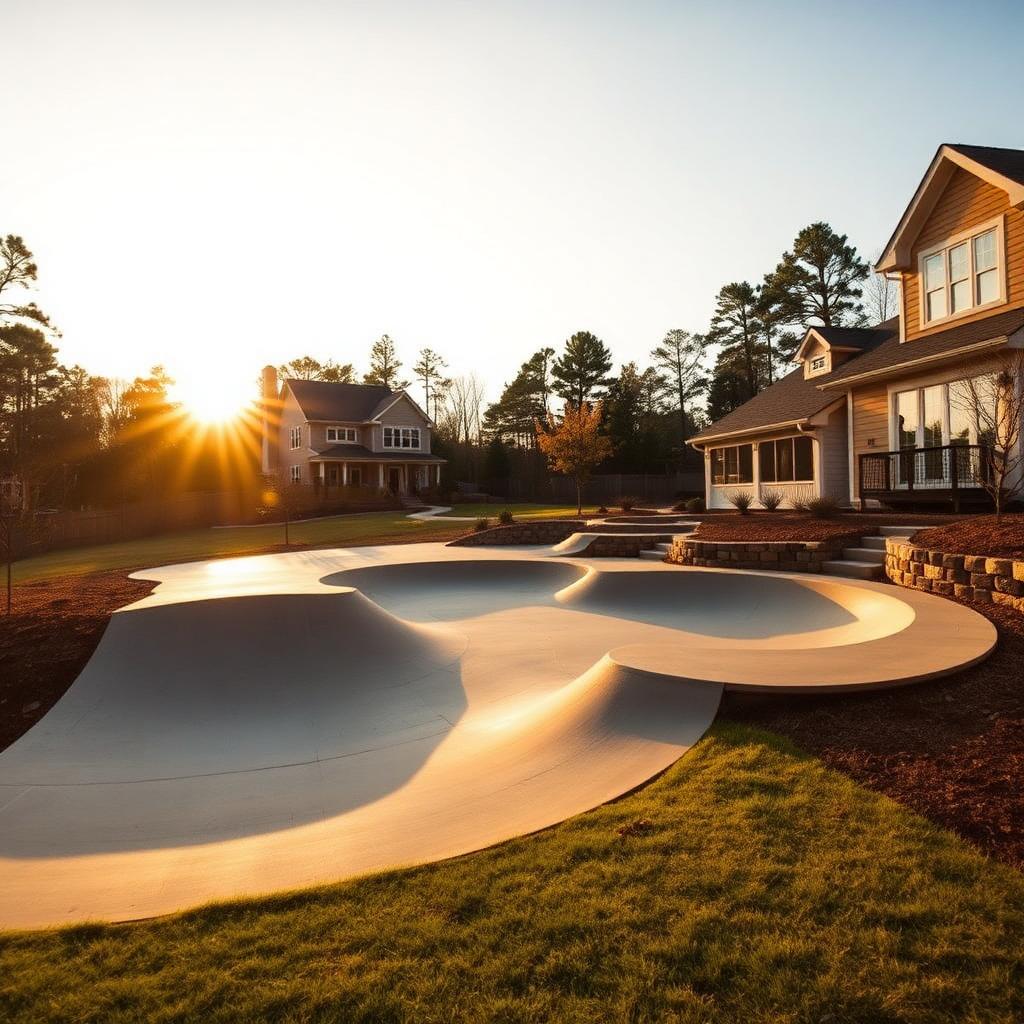 Custom residential backyard skateboard and scooter pump track with banked turns and rolling humps in Augusta, Georgia