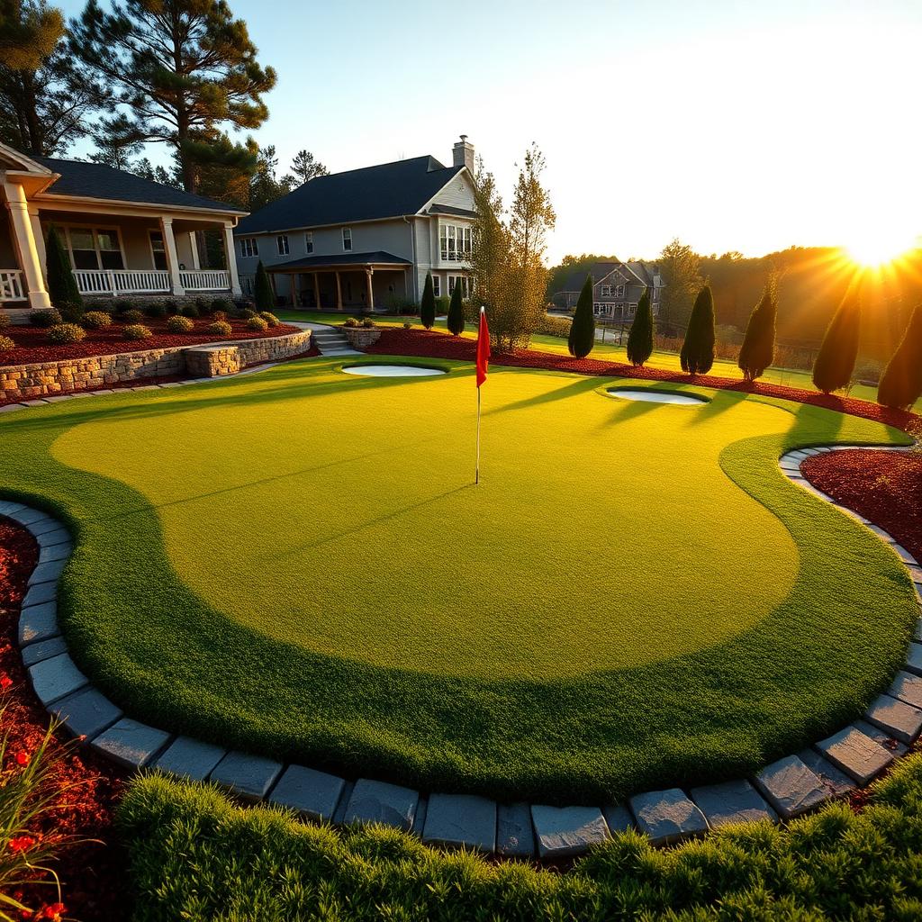 Custom residential backyard putting green with contoured synthetic turf, multiple cups, and fringe collar in Augusta, Georgia