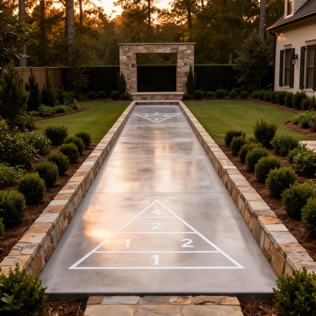 Custom residential backyard shuffleboard court with polished concrete surface and painted scoring triangles in Augusta, Georgia