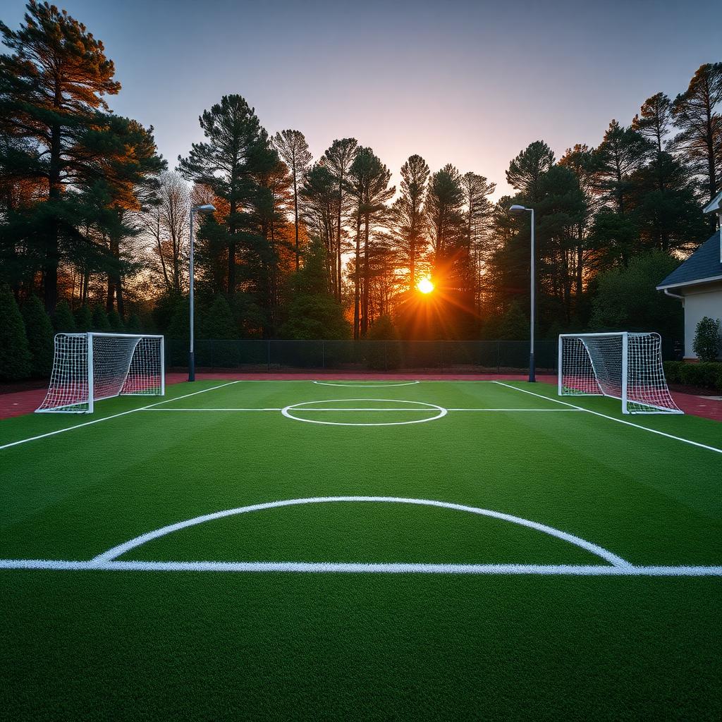 Custom residential backyard soccer and futsal court with professional artificial turf and rebound boards in Augusta, Georgia