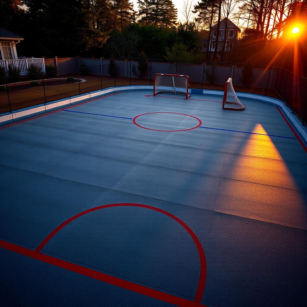 Custom residential backyard street hockey court with modular sport tiles, dasher boards, and regulation lines in Augusta, Georgia
