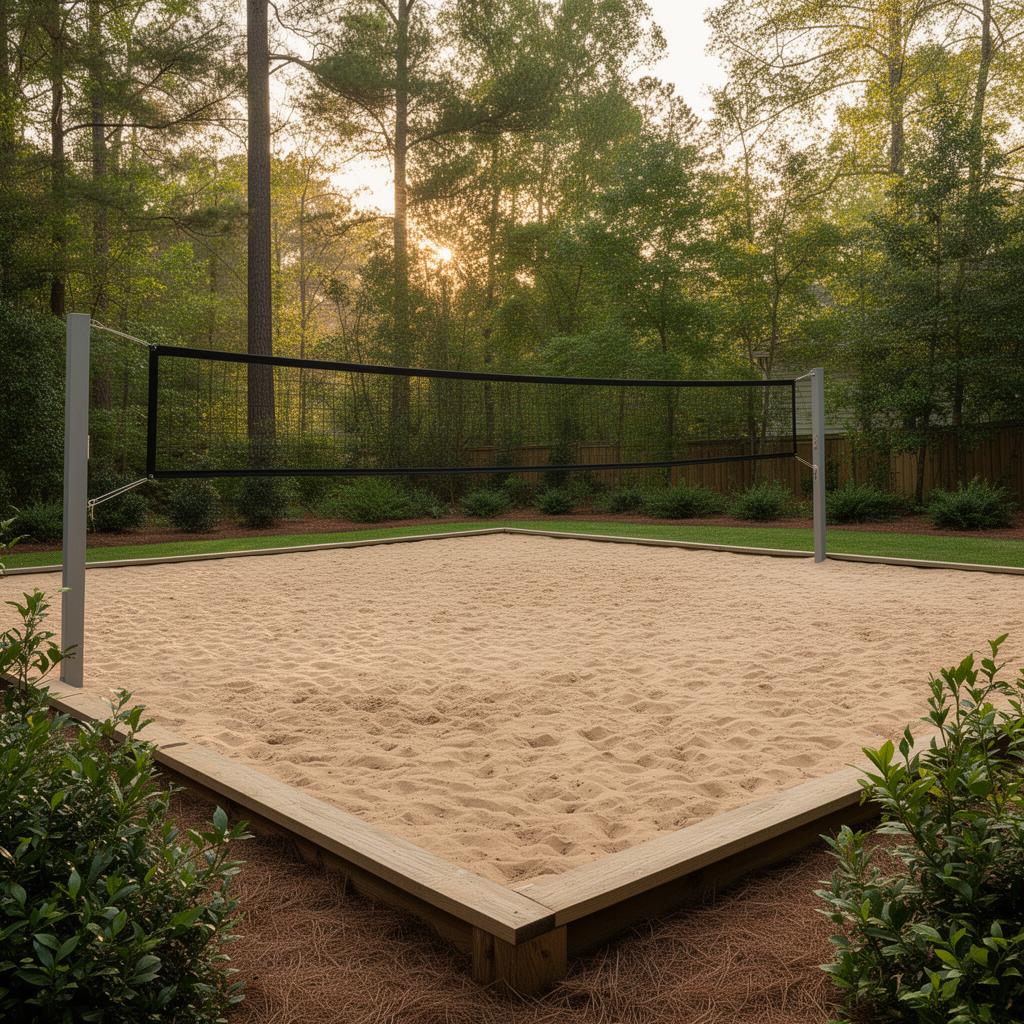 Custom residential backyard sand volleyball court with regulation net and timber edging in Augusta, Georgia