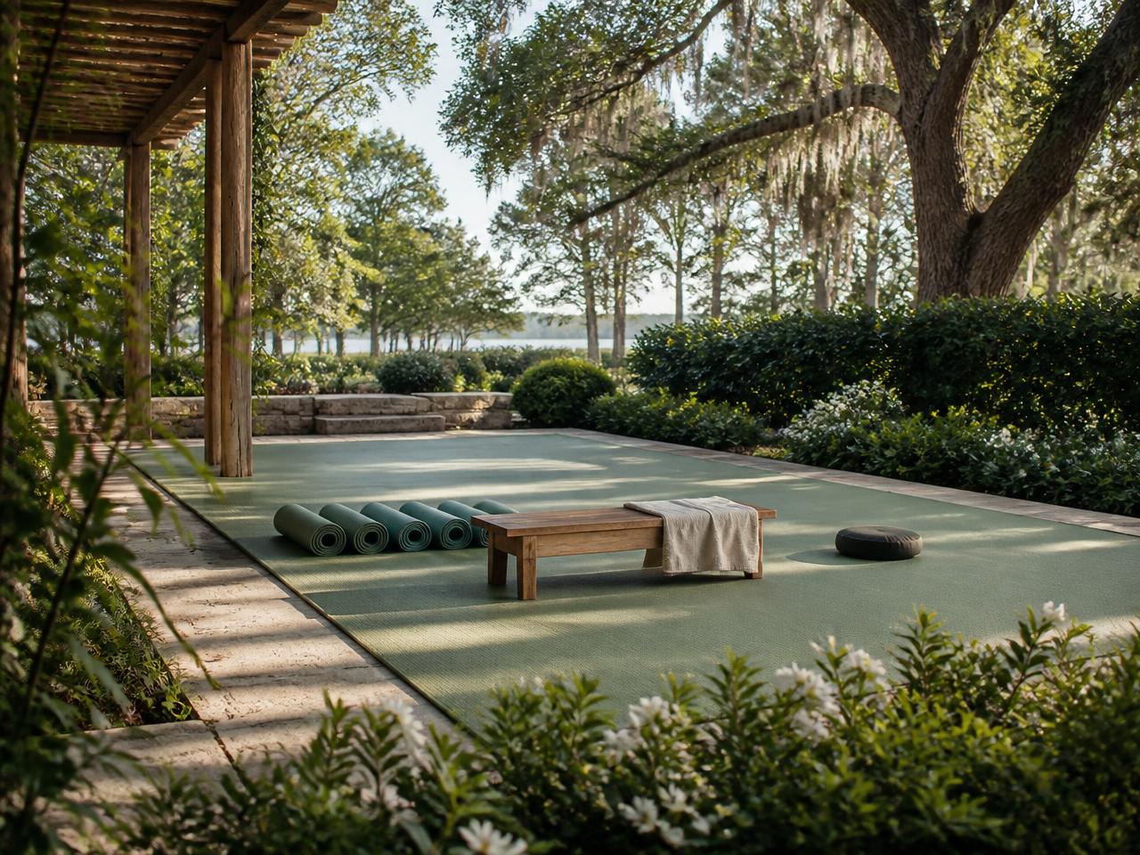 Premium residential backyard wellness court with cushioned rubberized movement surface for yoga, stretching, and meditation in Augusta, Georgia