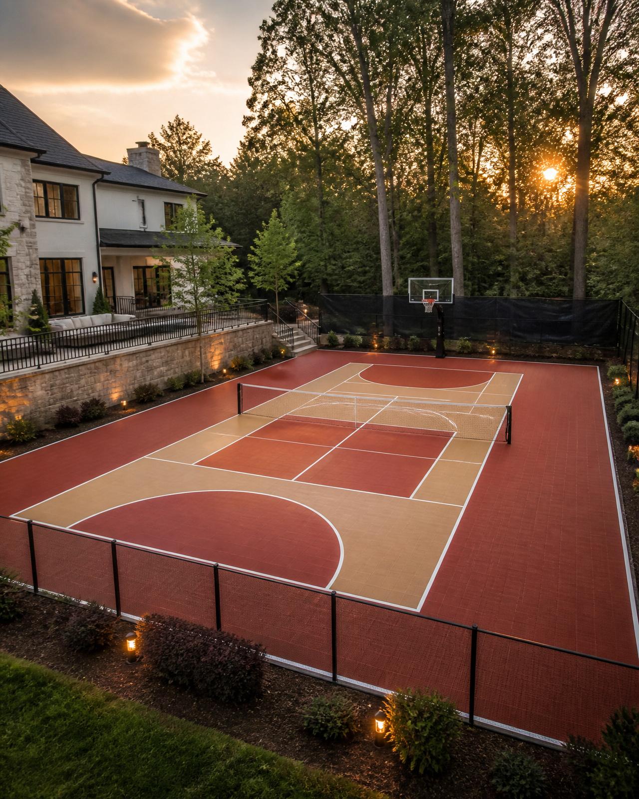 Premium residential multi-sport backyard court combining pickleball and basketball lines on a cushioned acrylic surface in Georgia, Georgia